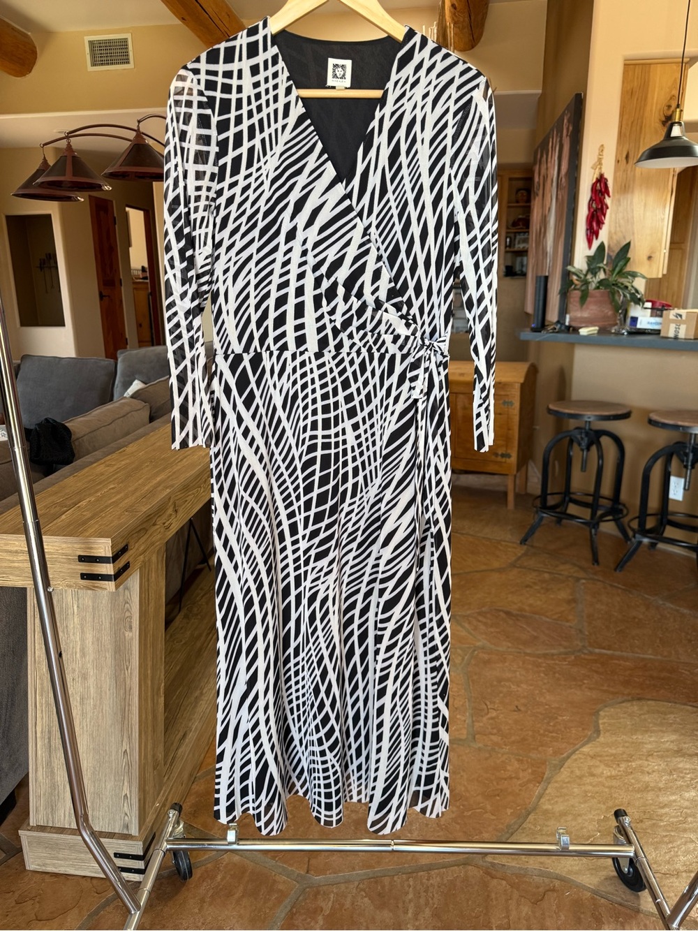 Ann Klein Black and White Geometric Faux Wrap Dress